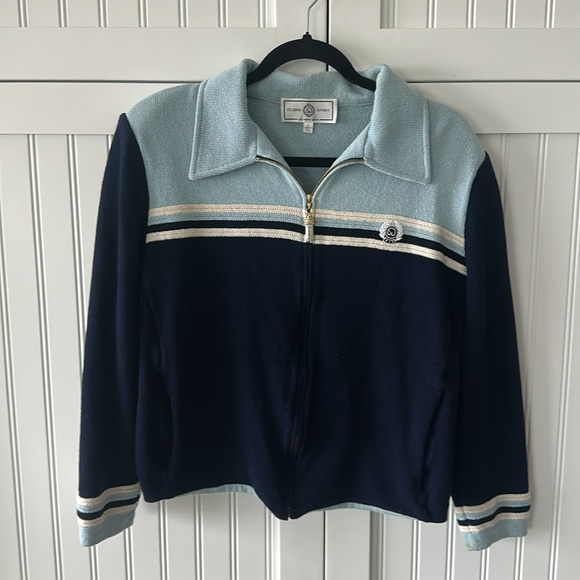 ST. JOHN Santana Knit Logo Crest Colorblock Full Zip Jacket - Picture 1 of 9